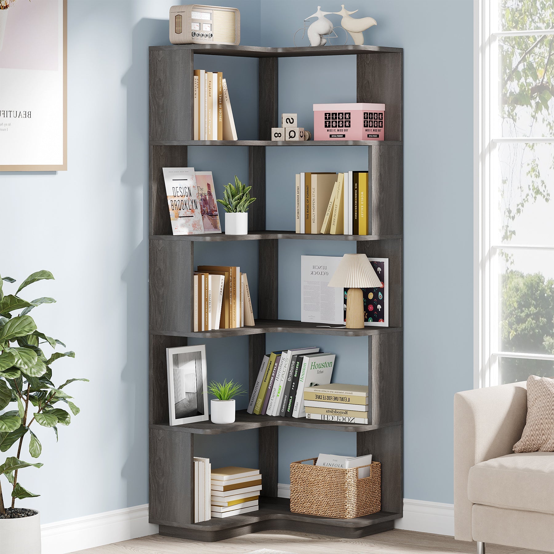 Corner Bookshelf, 6-Tier Corner Bookcase Display Rack Tribesigns